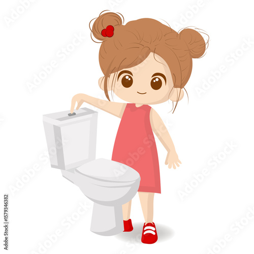 Vector illustration of a cartoon girl pulling the flush lever of a toilet.