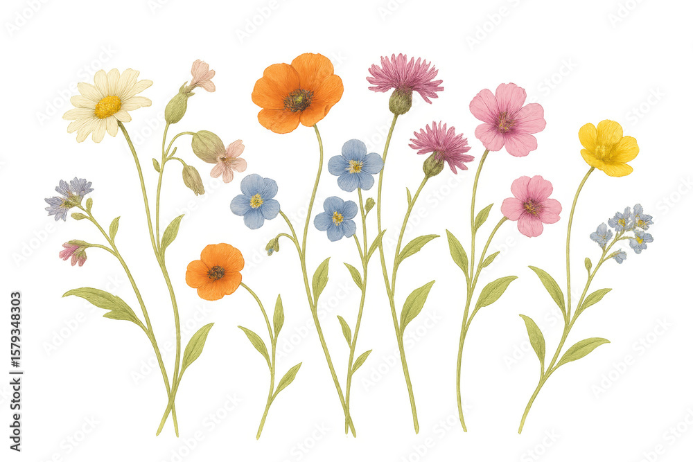 Fototapeta premium Blooming colorful wildflowers with vibrant green stems create a lively display against a transparent background, celebrating nature's beauty