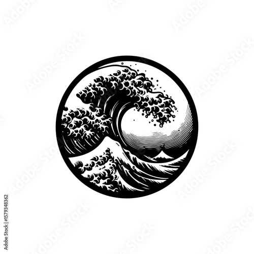 Dramatic Black and White Woodcut Style Ocean Wave Encircled.