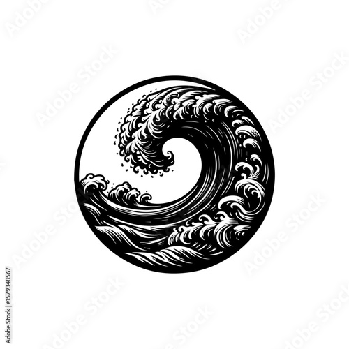 Circular Wave Cresting with Intricate Foam Detail in Black and White Graphic.