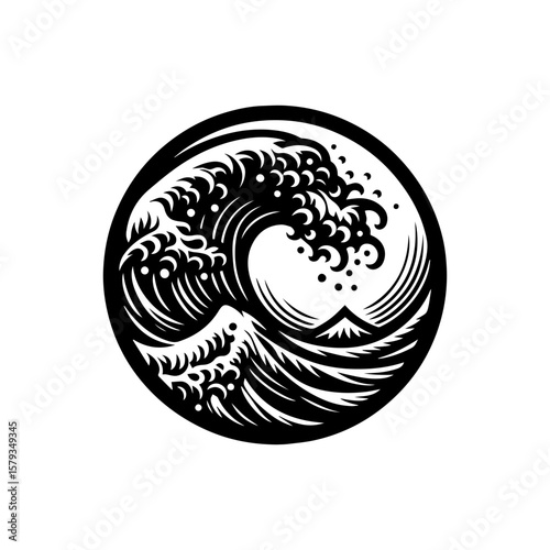 Intricate Black and White Wave Design Within a Circular Frame.