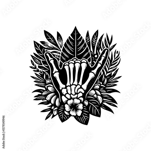 Intricate Skeleton Hand Gesture Surrounded by Floral and Leafy Embellishments.