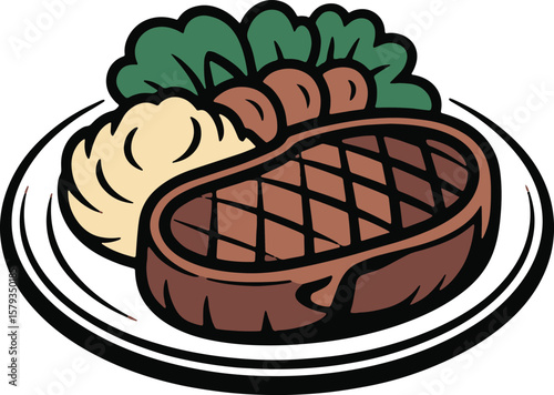 Delicious steak dinner with mashed potatoes and vegetables on a plate