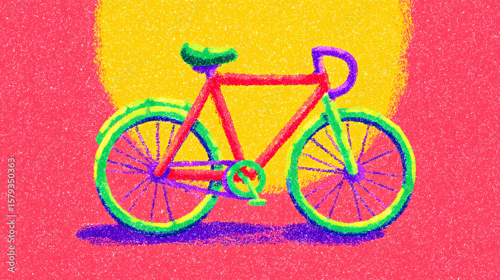 Fototapeta premium A vibrant hand-painted gouache illustration of a stylish bicycle with artistic details. This colorful artwork captures the essence of urban mobility and cycling culture in a unique handcrafted style. 