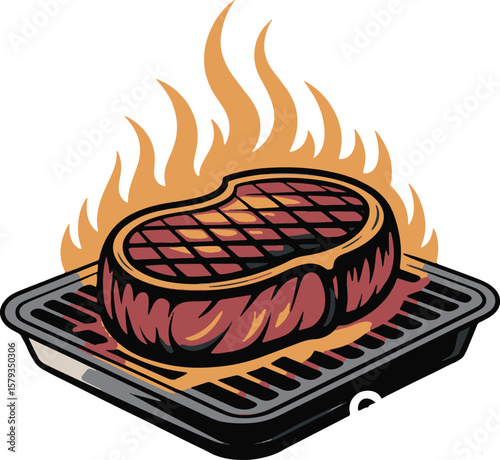 Juicy steak cooking on a grill with flames and text grill masters
