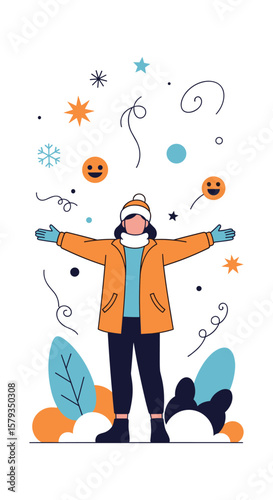 Joyful winter person tossing happy holiday emojis and snowflakes into the air