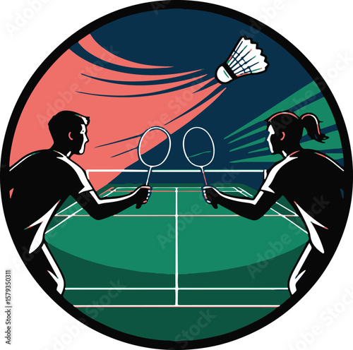 Dynamic badminton logo featuring silhouettes of players and shuttlecock