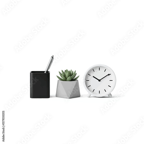 Modern Desk Setup Minimalist Pen Holder Geometric Succulent Planter and White Clock