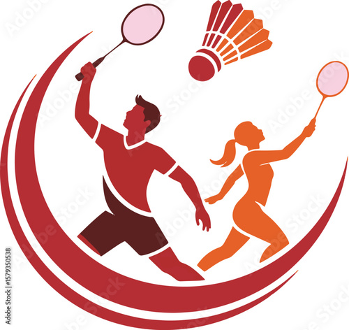 Dynamic badminton players silhouette in action with shuttlecock and rackets symbolizing sport and competition