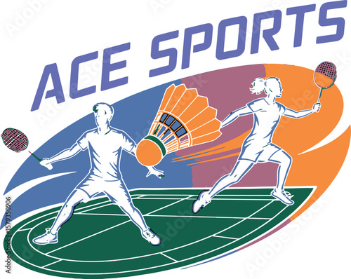 Dynamic illustration of badminton players in action on court with shuttlecock and rackets