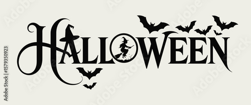  Halloween Banner Design with Vector Logo, Dark Tree Branches, Flying Bats, Full Moon, and Beautiful Witch Ideal for Party Invitations, Digital Art, and Decorations

