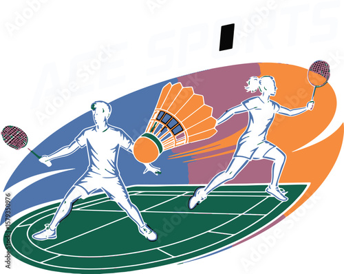 Dynamic illustration of badminton players in action on court with shuttlecock and rackets