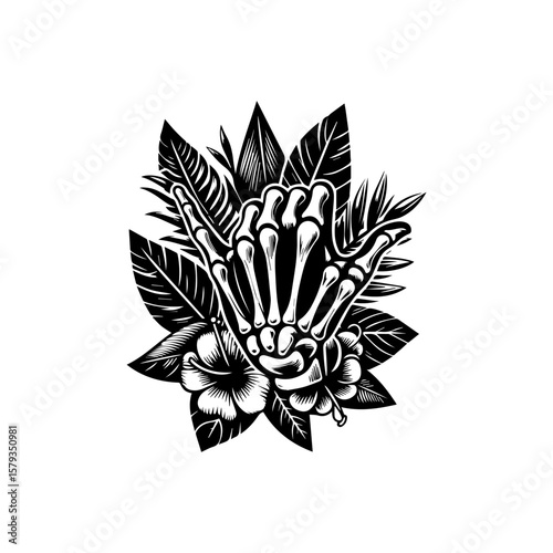 Intricate Black and White Skeleton Hand Gesture Amidst Tropical Foliage.