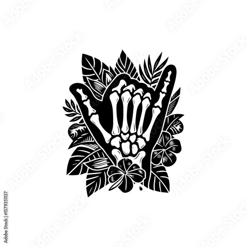 Skeletal Hand Shaka Sign Tropical Floral Design.