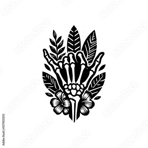 Intricate Black and White Skeleton Hand Design with Tropical Leaves and Flowers.
