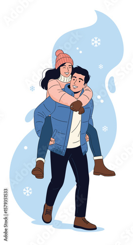 Happy couple enjoying winter snowfall outdoors together piggyback ride fun