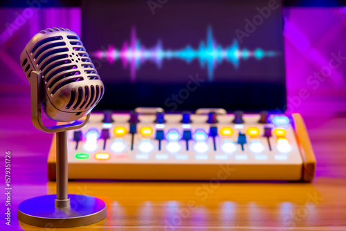 microphone on audio mixer and monitor showing waveform background