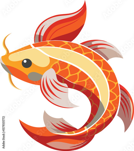 Vibrant Orange Koi Fish, Japanese Aquatic Animal, Elegant Design, Artistic Illustration, Swirling Tail, Detailed Scales,...