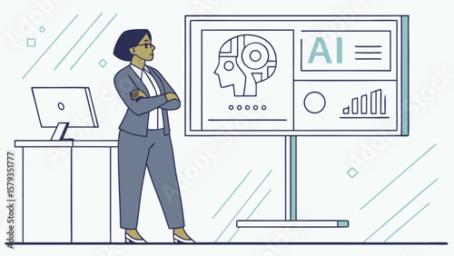 Ai presentation by businesswoman showing artificial intelligence and machine learning concepts to audience
