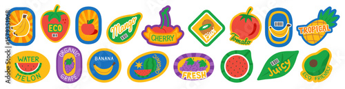 Set of fruit stickers designed to imitate produce labels. Ideal for scrapbooking, journaling, packaging mockups, or creative sticker collections with a fun, fruity theme.