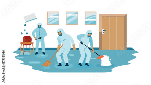 Water damage restoration service team cleaning flooded room after burst pipe emergency restoration cleanup service