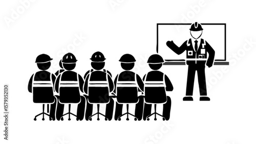 Construction safety training session for workers with instructor and whiteboard learning seminar class