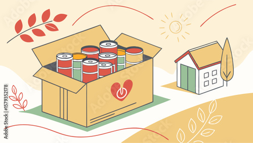 Food drive donation box with canned goods for charity and community support and helping hand initiative