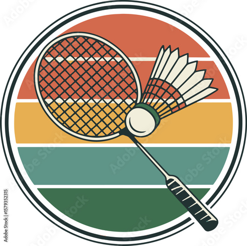 Retro style badminton racket and shuttlecock with colorful striped background