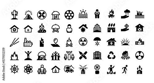 War Consequences Line Icon Set – Thin Linear Vector Pictograms of Destruction, Displacement, Humanitarian Crises, Refugee Camp, Mass Migration, Power Outage, Graveyard, and Orphan Child