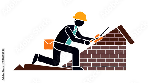 Bricklayer construction worker laying bricks on roof top home improvement and building maintenance project