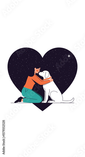 A person kneels tending to a dog inside a dark heart shaped silhouette against a starry night sky
