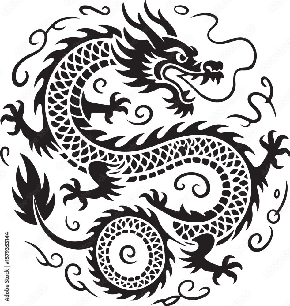 Fototapeta premium Circular Chinese Dragon Silhouette Vector Illustration for Asian Culture Art