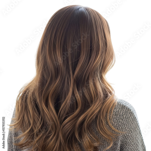 Woman with long wavy brown hair from the back isolated on transparent background