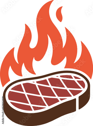 Stylized steak with grill marks cooking over vibrant orange flames