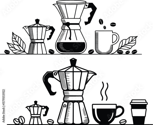 Coffee Maker and Cup Collection, Black and White Barista Tools Vector Illustration Set.

