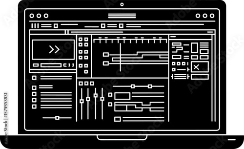 Black Laptop Displaying Complex Software Interface with Multiple Panels