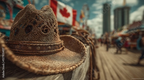 Man tipping cowboy hat with Canadian flag in background at Calgary Stampede fair
