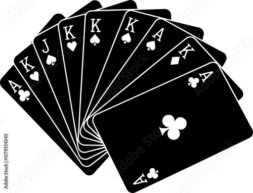 Full House Poker Hand: Black Cards with White Symbols and Values