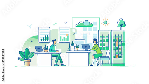 Office environment with workers at desks using computers and plants for a green office space design