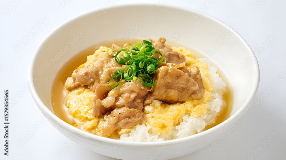 Comforting Bowl of Simmered Chicken Thigh Over Fluffy Rice with Fresh Green Onion Garnish Comforting Bowl of Simmered Chicken Thigh Over Fluffy Rice with Fresh Green Onion Garnish
