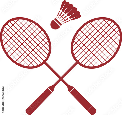 Two red badminton rackets crossed with a shuttlecock above them