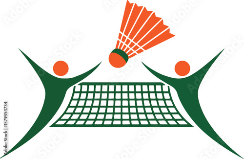 Two stylized figures playing badminton over a net with a shuttlecock