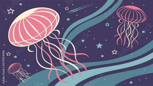 Jellyfish illustration ocean life marine biology sea creatures underwater world stars space art design