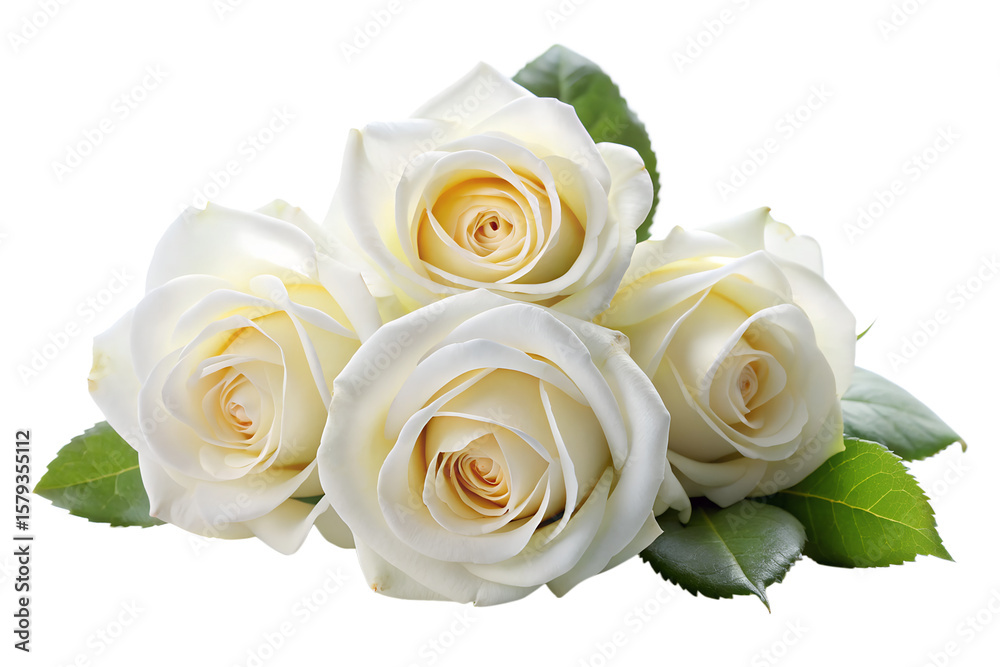 Fototapeta premium A cluster of delicate white roses with green leaves isolated on a transparent background
