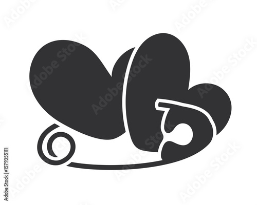Two hearts linked by a safety pin. A minimalist vector illustration embodying love, connection, safety, and support. Suitable for health, family, and social themes.