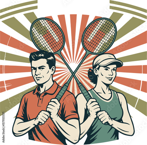 Vintage badminton united couple holding crossed racquets with sunburst background