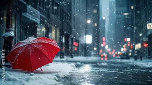 Red umbrella in the snow-covered city street at night.