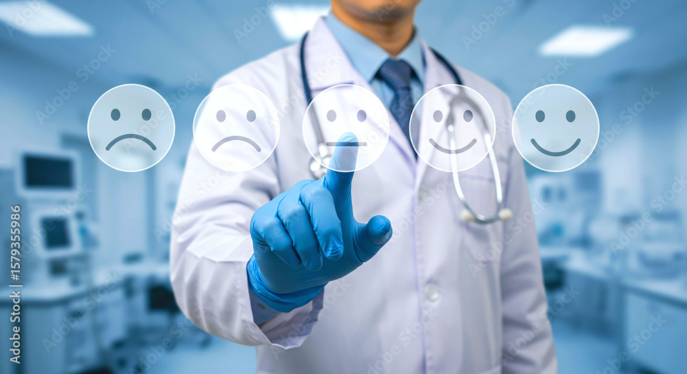Fototapeta premium Doctor in lab coat selecting neutral face from feedback icons with blue gloved hand in hospital room