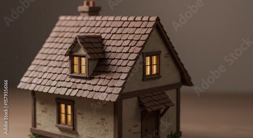 A miniature house with a brown tiled roof and illuminated windows against a neutral background