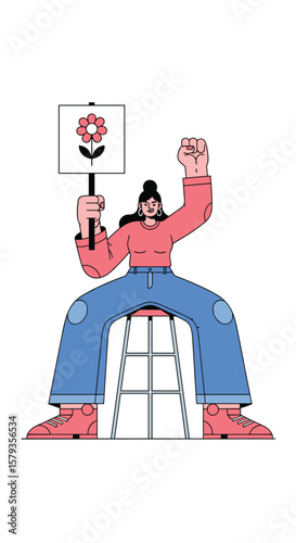 Woman protester holding flower sign demonstrating for social change and equality